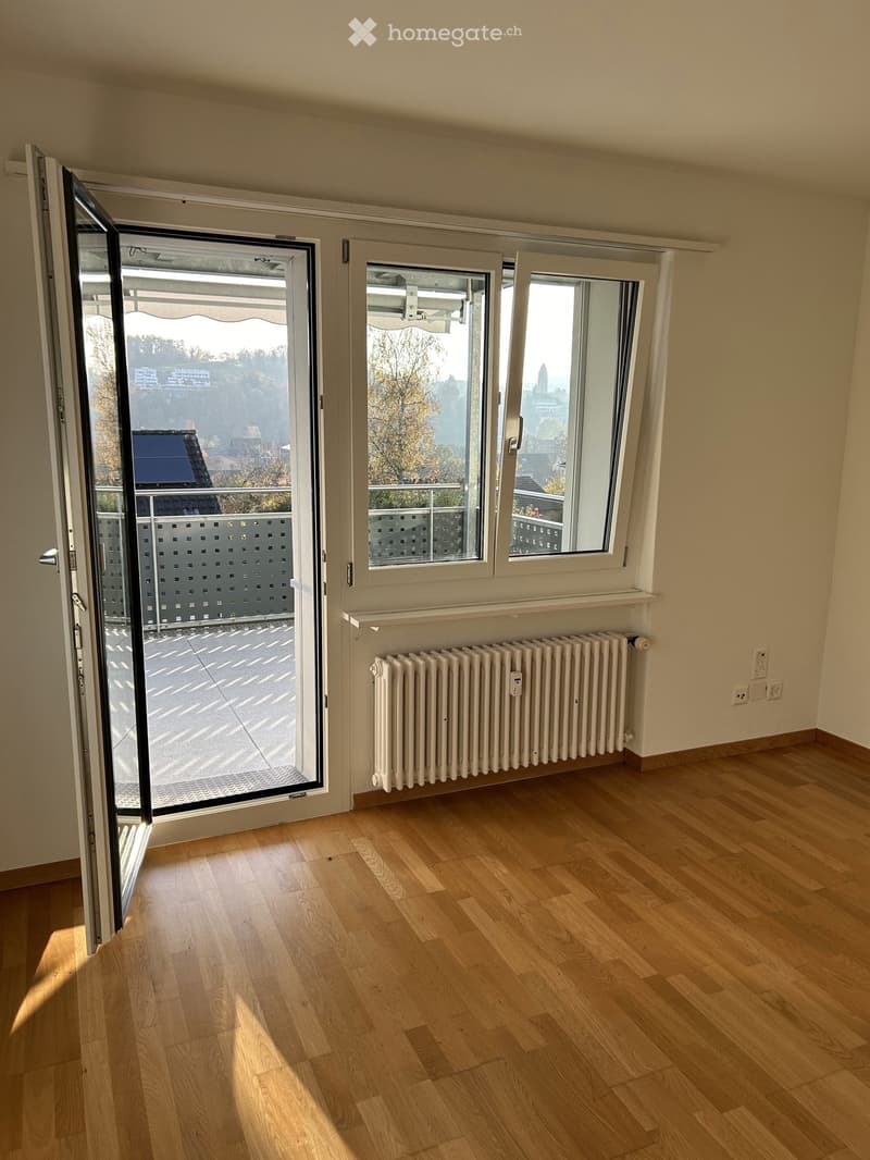 Empty room with wooden flooring, large windows, and a radiator. The room has a sliding glass door leading to a balcony with a view of the city.