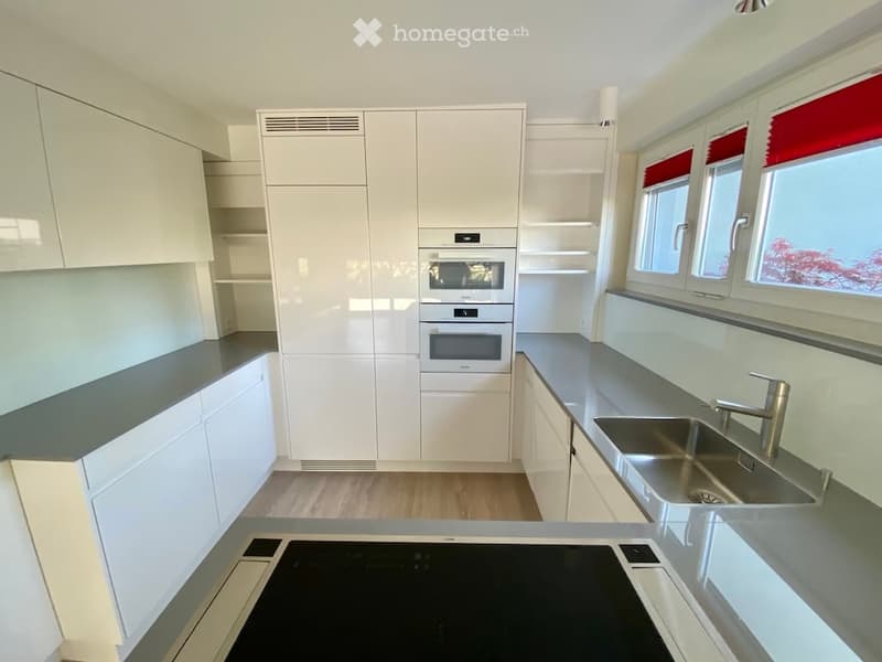 Modern kitchen with white cabinets, stainless steel sink, and built-in oven. Features a black countertop and wooden flooring.
