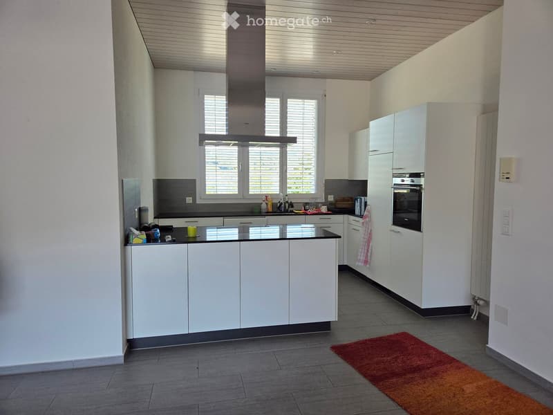 Modern kitchen with white cabinets, black countertops, stainless steel appliances, and a red rug on the floor.