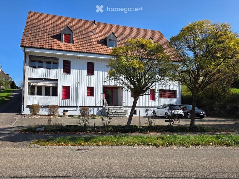 White painted house, brown roof, red shutters, cars parked in front, trees, paved driveway