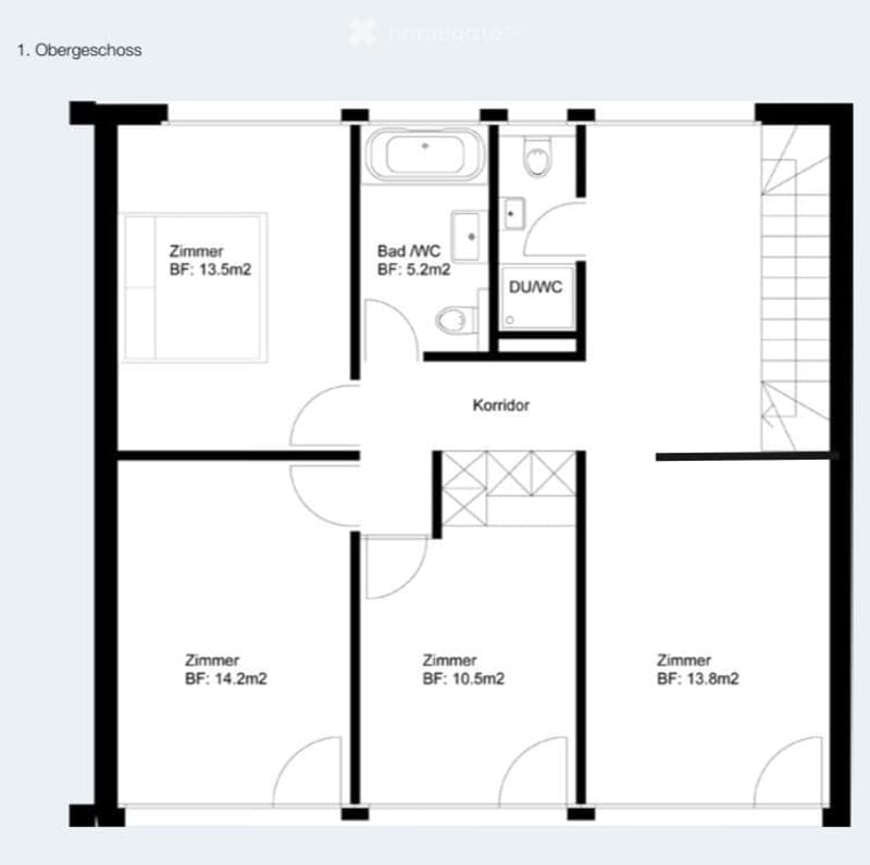 First-floor floor plan showing four bedrooms, a bathroom, a WC, and a corridor.