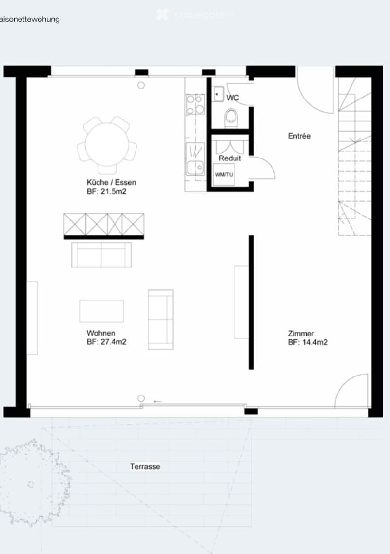 Floor plan of a 2-room apartment with kitchen, living room, bedroom, WC, and a small hallway. Includes a terrace.
