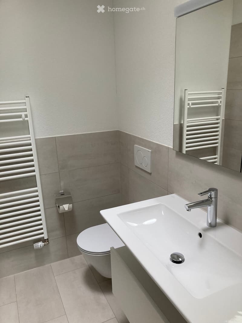 Modern bathroom with a white sink, chrome faucet, toilet, and radiator. The walls are tiled in light gray with a decorative border near the floor.
