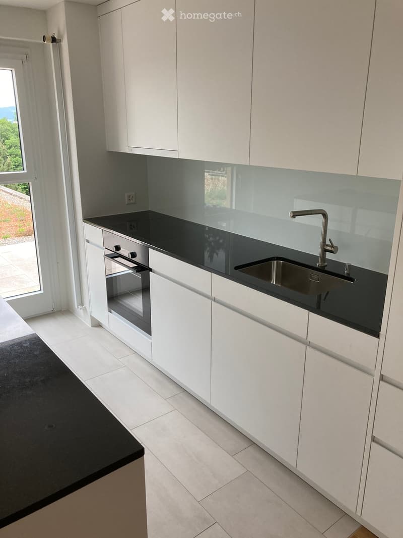 Modern kitchen with white cabinets, black countertops, stainless steel sink, and built-in oven. Large window provides natural light.