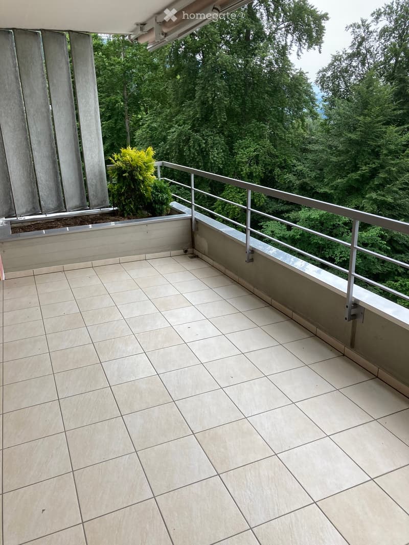 Balcony with tiled floor, metal railing, and lush green trees in the background.