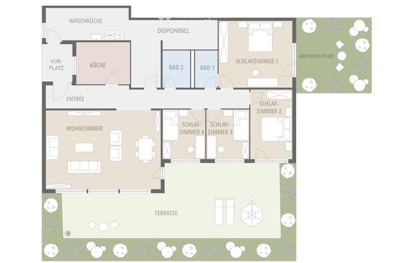 Floor plan showing a 4-bedroom house with two bathrooms, a kitchen, a living room, a garden seating area, and a terrace.