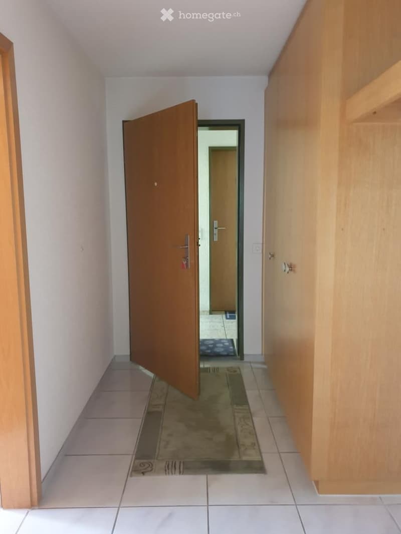A narrow hallway with tiled flooring, light-colored walls, and a wooden door leading to another room. A small rug is placed on the floor near the doorway.