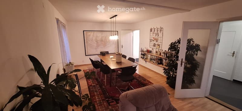 A well-lit dining and living area with a wooden dining table, chairs, a sofa, potted plants, a shelf with bottles, and a picture frame on the wall.