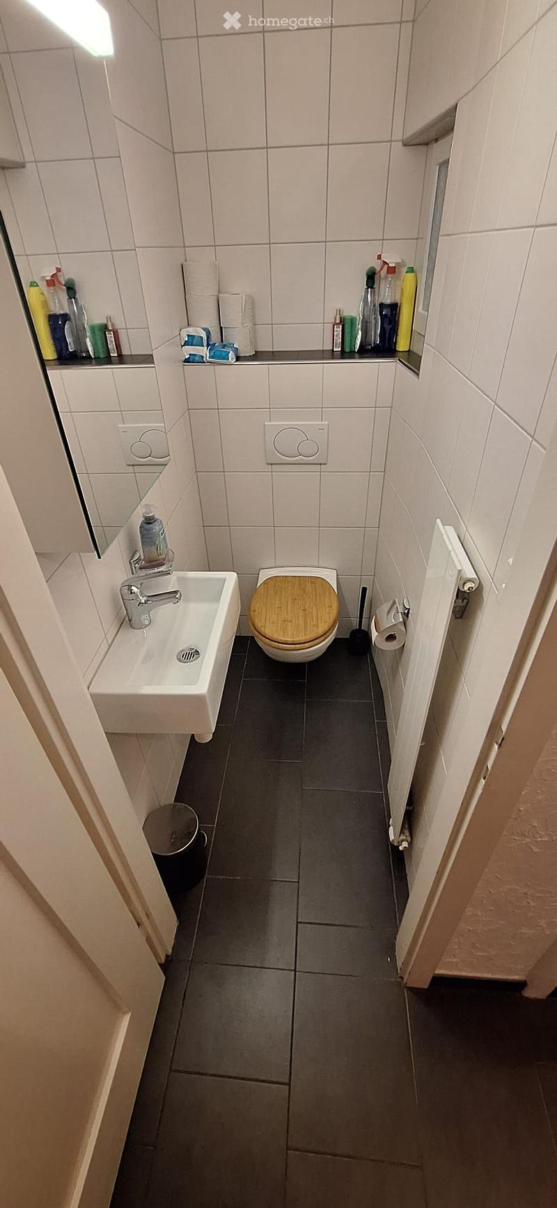 Compact bathroom with a toilet, sink, and various cleaning supplies on a shelf. The floor is tiled in dark gray, and the walls are covered in light gray tiles.