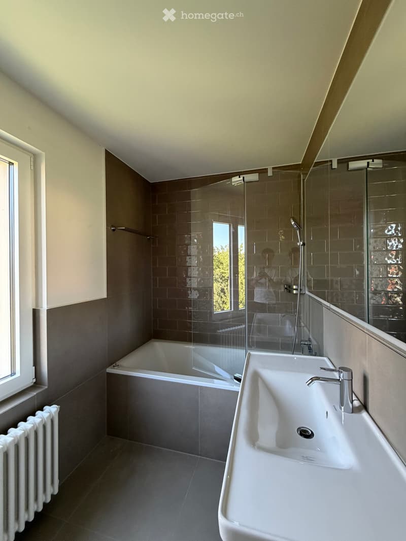 Modern bathroom with a bathtub, sink, glass shower enclosure, and radiator. The walls are tiled in brown and beige, and the floor is tiled in dark gray.