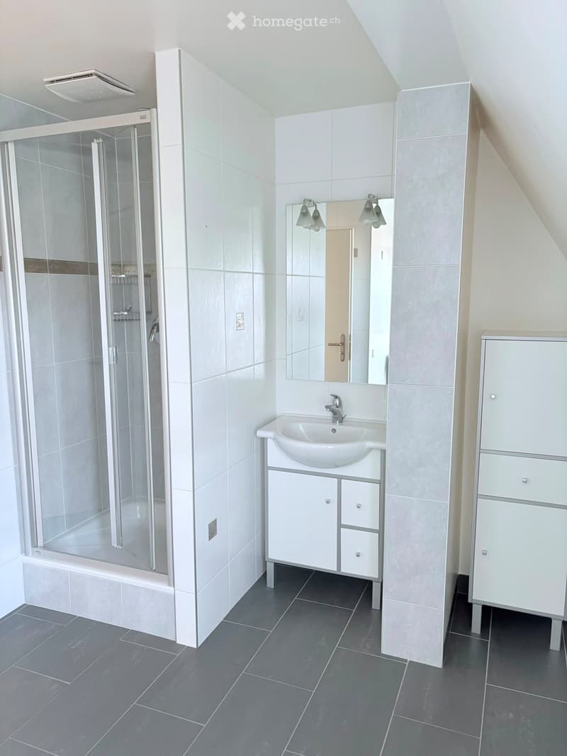 Modern bathroom with white tiles, a glass-enclosed shower, a sink with a cabinet, and a large mirror with lighting.