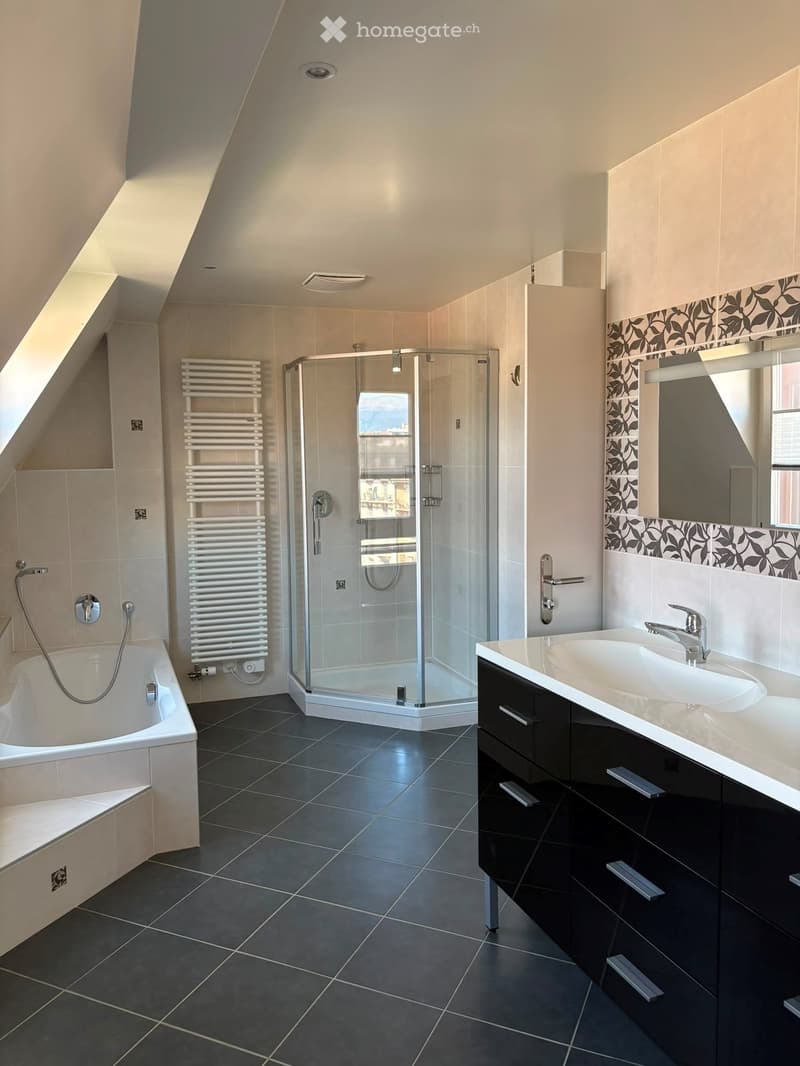 Modern bathroom with a bathtub, glass-enclosed shower, double sink vanity, and a radiator. The space features dark tiled flooring and light-colored walls with a decorative border.