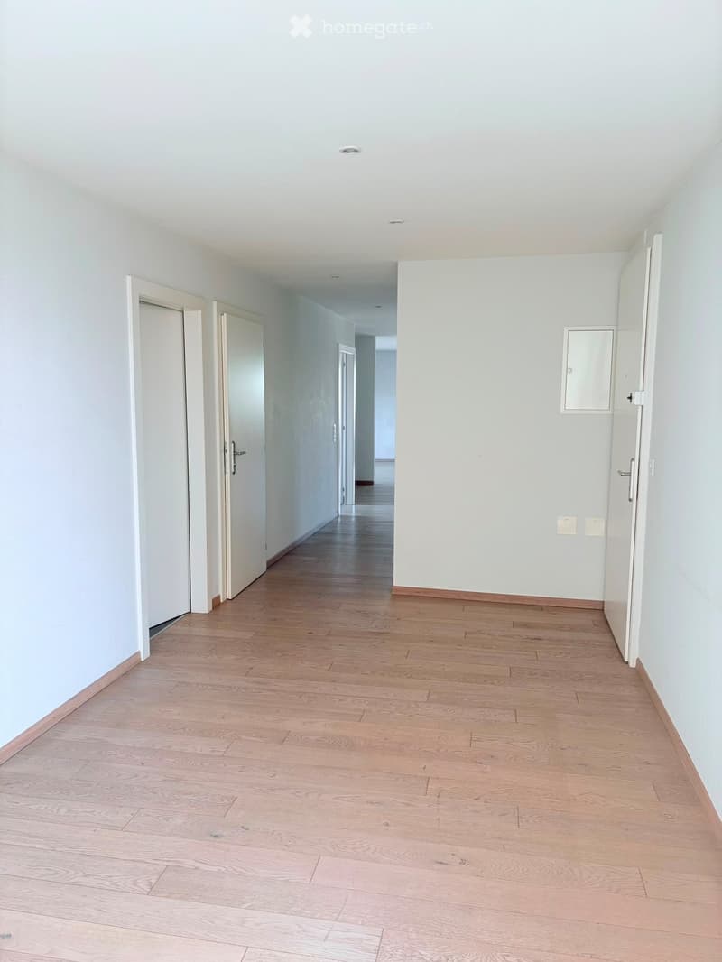 Empty hallway with light wooden flooring, white walls, and several closed doors leading to other rooms.