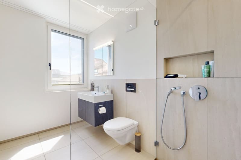 Modern bathroom with white tiles, a sink with a dark cabinet, a toilet, a shower hose, and a shelf with toiletries.