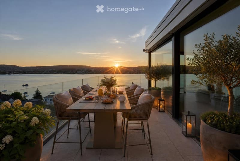 A modern rooftop terrace with a wooden dining table, wicker chairs, and a scenic view of a lake and sunset.