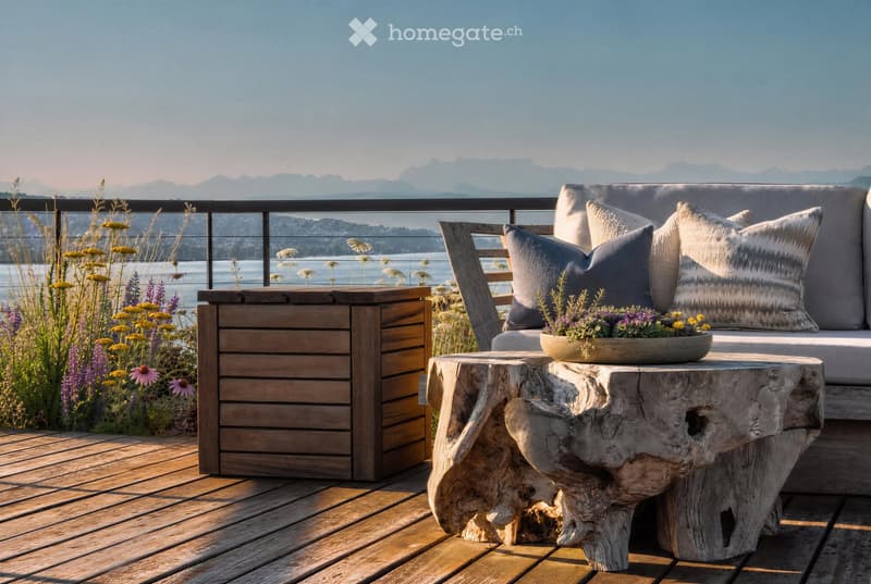 Balcony with wooden decking, sofa, wooden table, and flower pot, overlooking a scenic lake and mountain view.