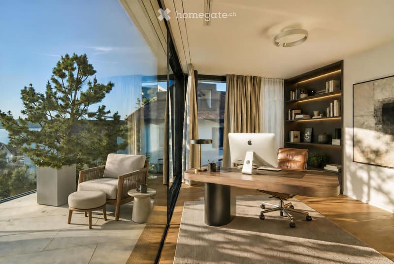 Modern office space with large windows, wooden desk, ergonomic chair, sleek screen, leather chair, small table, and decorative shelf.