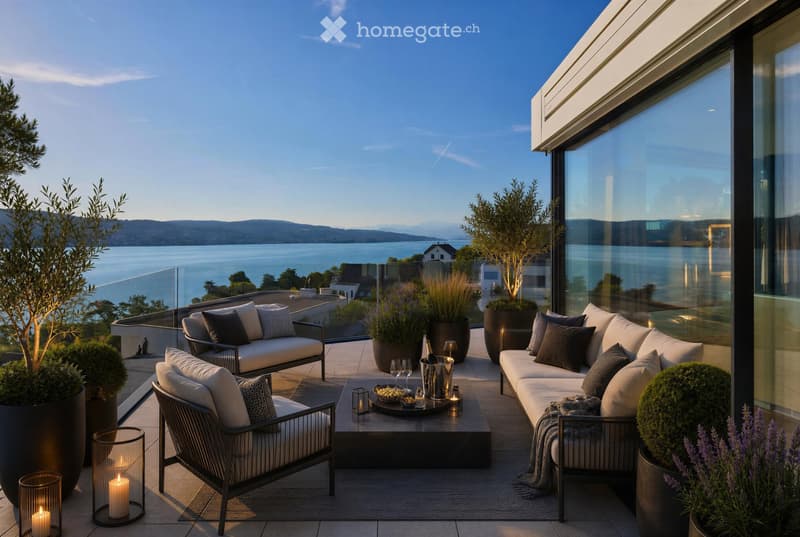 A modern rooftop terrace with a panoramic view of a lake and mountains, featuring a white sofa, coffee table, wicker chairs, and decorative candles.