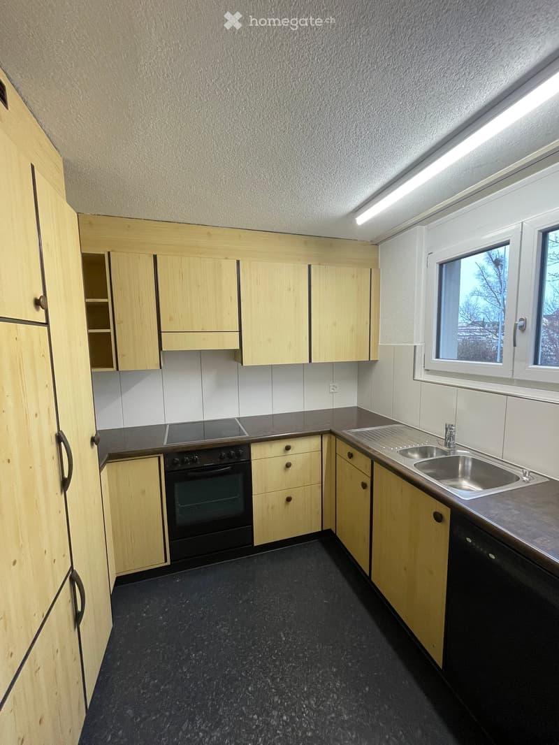 Modern kitchen with light wooden cabinets, stainless steel sink, oven, and dishwasher. The countertops are dark, and the floor is black.