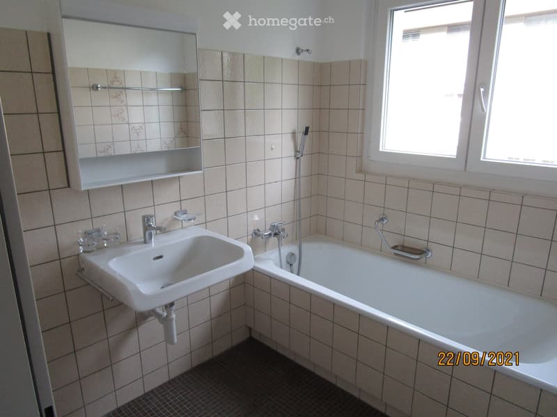 Bathroom with tiled walls, a white sink, a bathtub, and a mirror with a shelf above it.