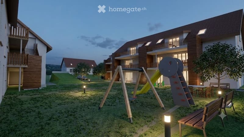 Outdoor residential area with playground equipment, benches, and tables, surrounded by apartment buildings.