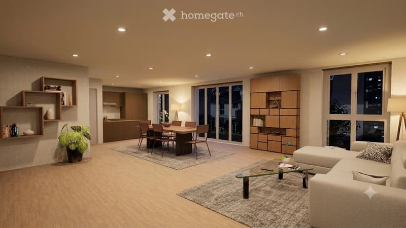 Modern open-plan living and dining area with a white sofa, glass coffee table, wooden dining table with chairs, built-in wooden shelving, and large windows overlooking a cityscape.