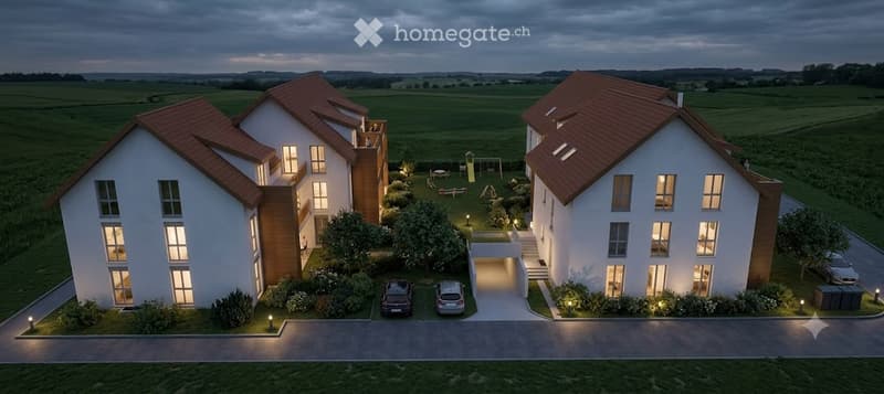 Aerial view of a modern two-story house with red-tiled roof, white walls, and large windows. The house features a garage, driveway, and landscaped garden with outdoor seating and a swing set.