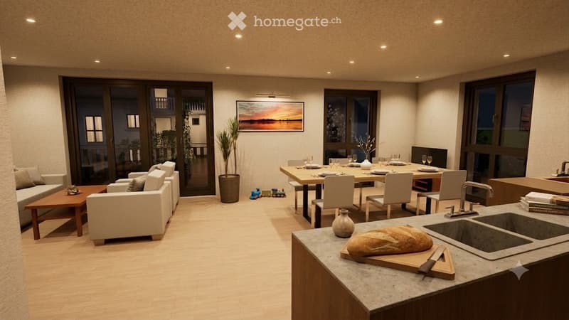 Open-plan living and dining area with a modern kitchen island, white sofa, coffee table, dining table with chairs, and a balcony access.