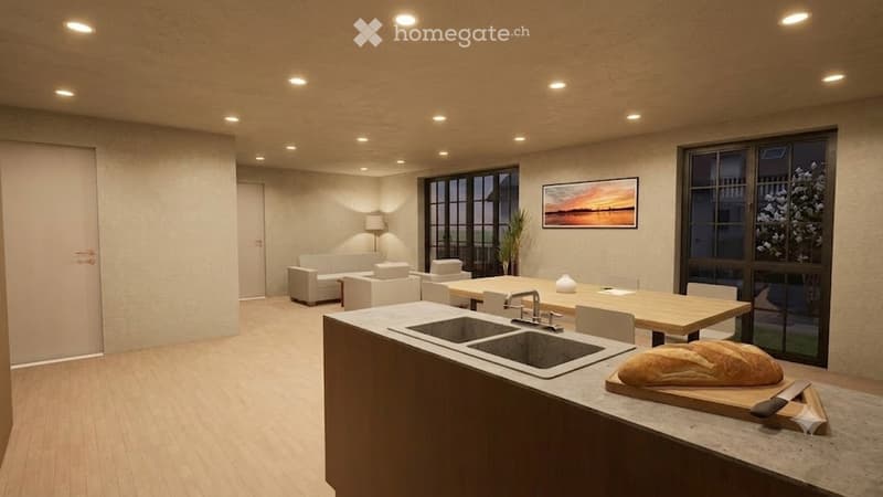 Open-plan kitchen and living area with modern design, featuring a central island with sink and faucet, a dining table with chairs, a sofa, and a lamp. A cutting board with bread and knife is on the island, and a picture frame and plant are on the wall.