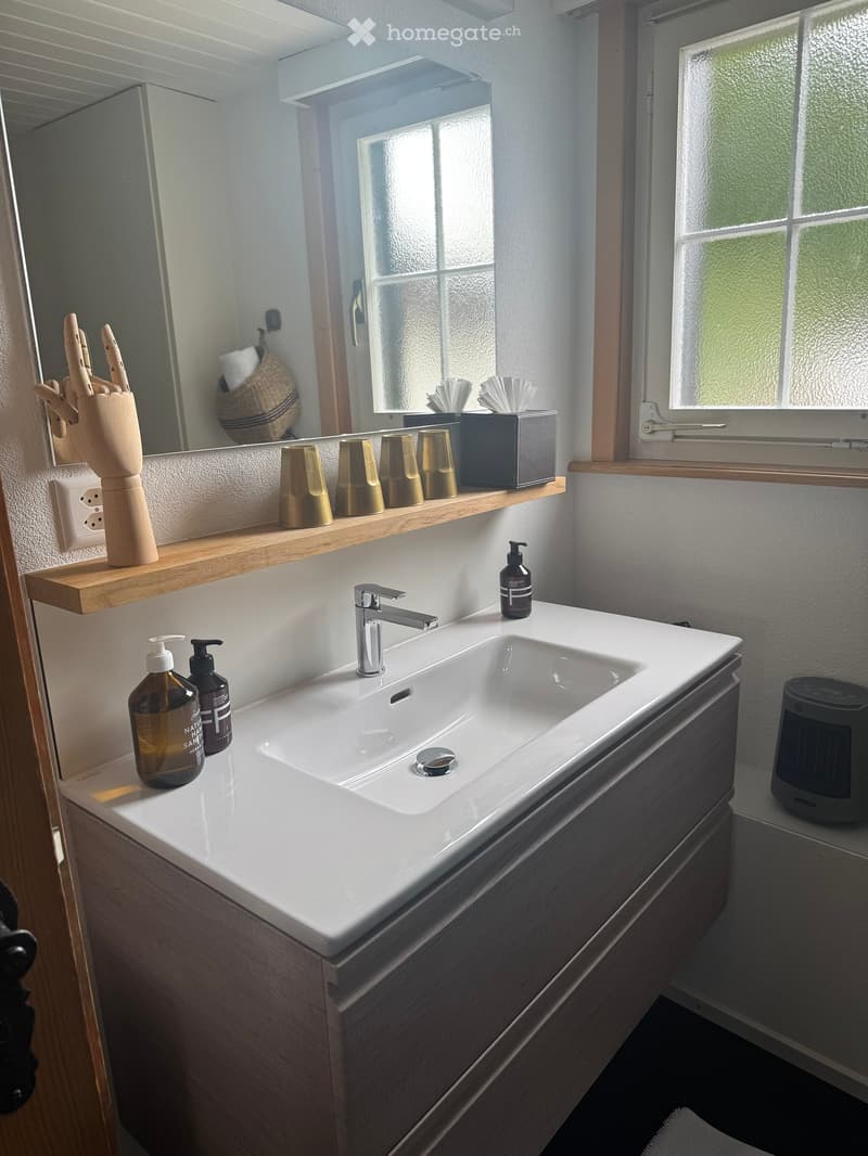 Modern bathroom with a white sink, chrome faucet, wooden shelf holding cups and a bottle, a mirror, and a wooden hand sculpture on the wall.