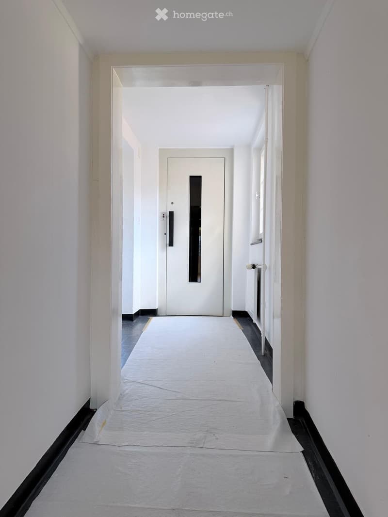 Empty hallway with white walls, a white door at the end, and a protective sheet covering the floor.
