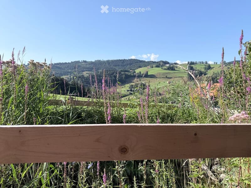 A wooden railing overlooks a lush, green valley with rolling hills, scattered trees, and distant mountains under a clear blue sky.