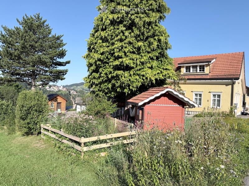 A garden area with a wooden fence, a red shed, and a yellow house with a red-tiled roof in the background. The garden is lush with greenery and flowers.