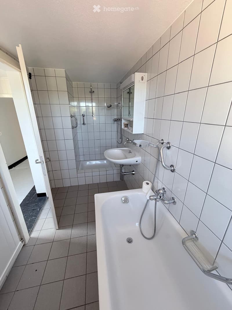 Modern bathroom with a bathtub, sink, and shower area. Features white tiles, a built-in shelf, and a toilet paper holder.