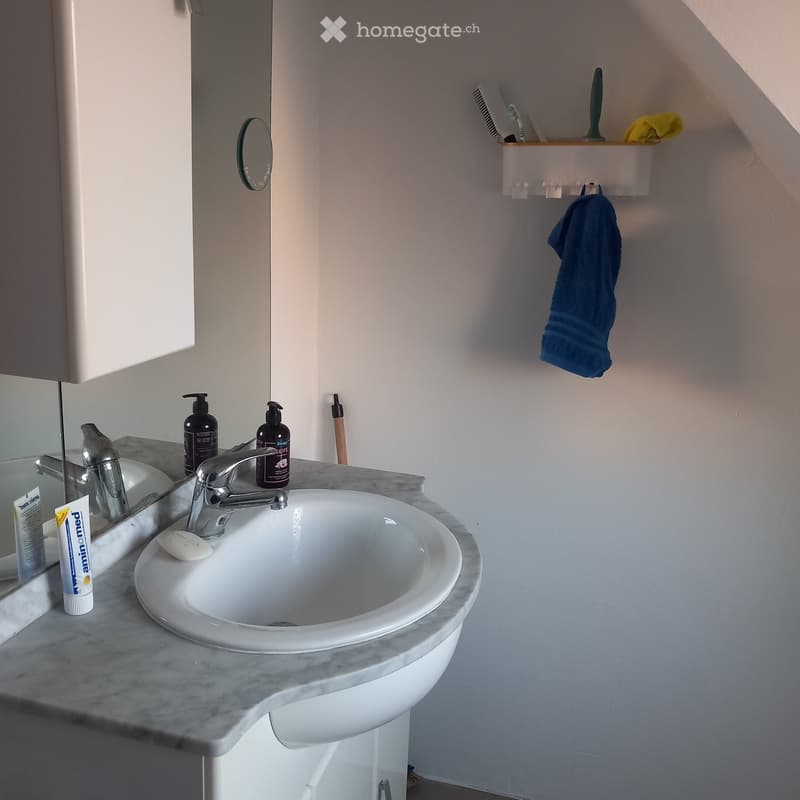 Modern bathroom with a white sink, chrome faucet, mirror, and toiletries on the counter. A blue towel hangs on the wall.