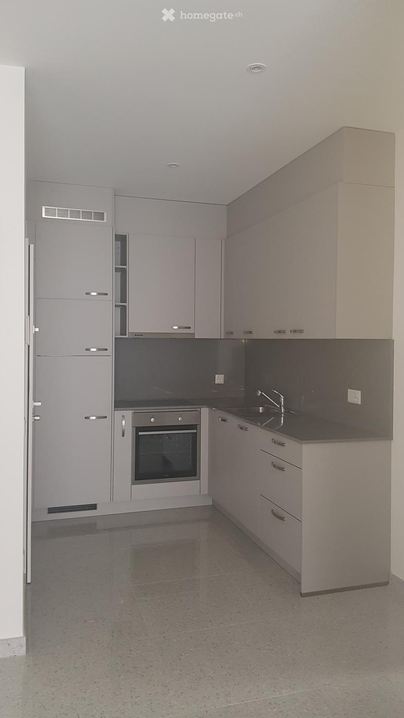 Modern kitchen with grey cabinets, stainless steel oven, sink, and faucet. The space is clean and well-lit with a polished concrete floor.