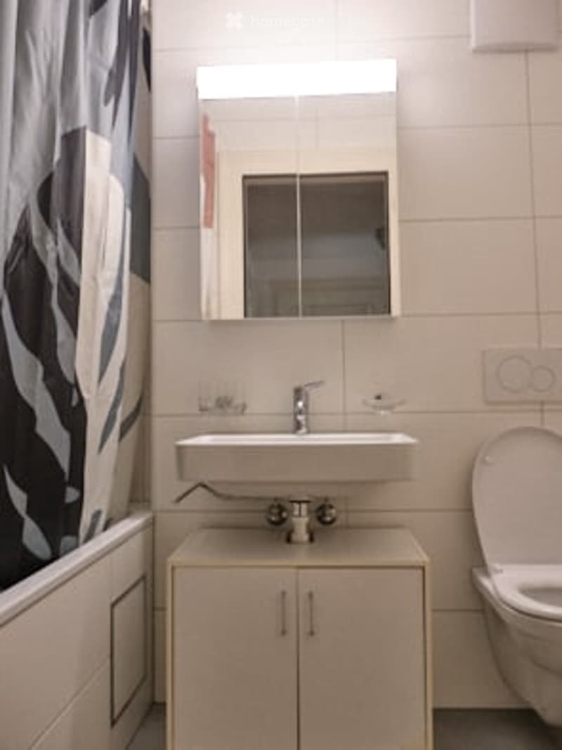 Modern bathroom with a white sink, mirror, cabinet, and toilet. The walls are tiled, and there is a shower curtain visible on the left side.