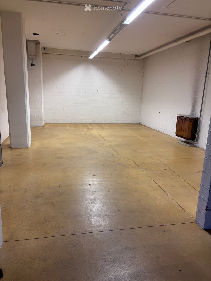 Empty room with concrete floor and white brick walls, illuminated by a single fluorescent light fixture.