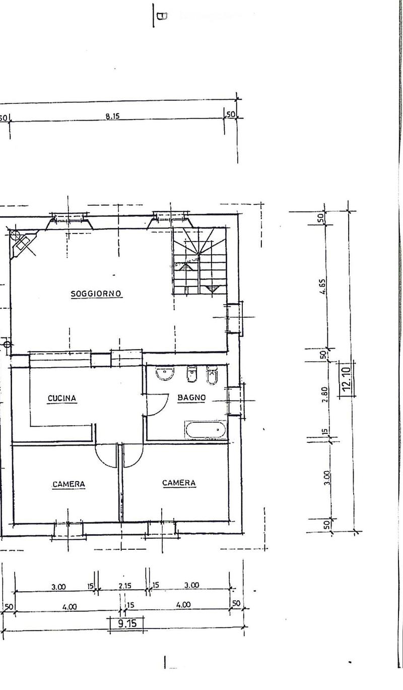 Floor plan showing a living room (SOGGIORNO), kitchen (CUCINA), bathroom (BAGNO), and two bedrooms (CAMERA).