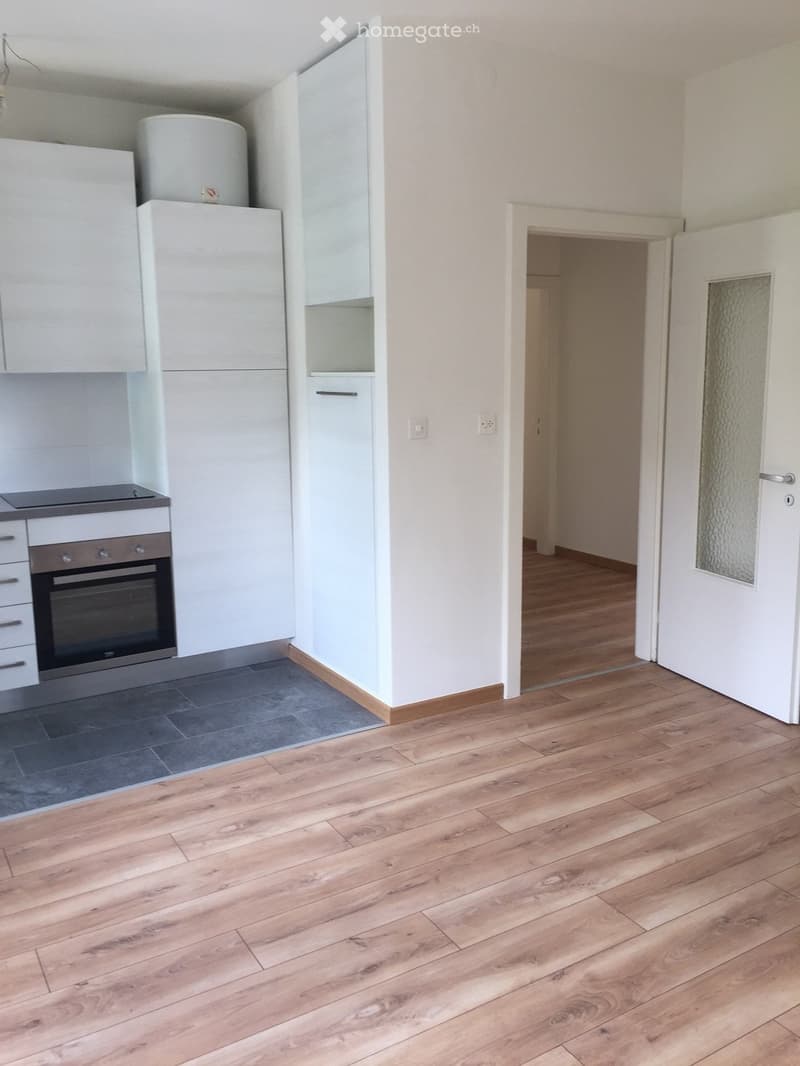 Empty room with light wooden flooring, white walls, and a doorway leading to another room. The adjacent kitchen area features white cabinets, a built-in oven, and a water heater.