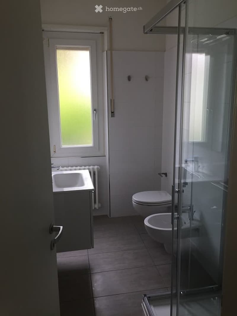 Modern bathroom with white tiles, a sink, toilet, bidet, and a glass shower enclosure. The room features a window with frosted glass and a radiator below it.