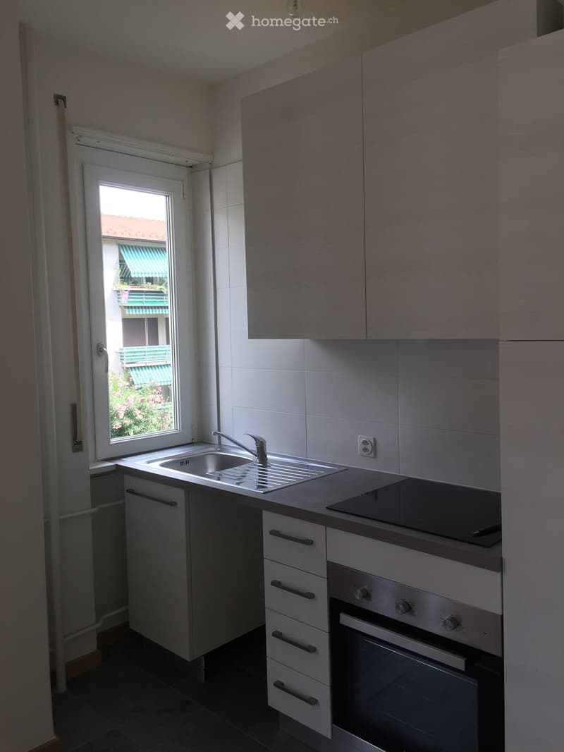 Modern kitchen with grey cabinets, stainless steel sink, oven, and countertop.