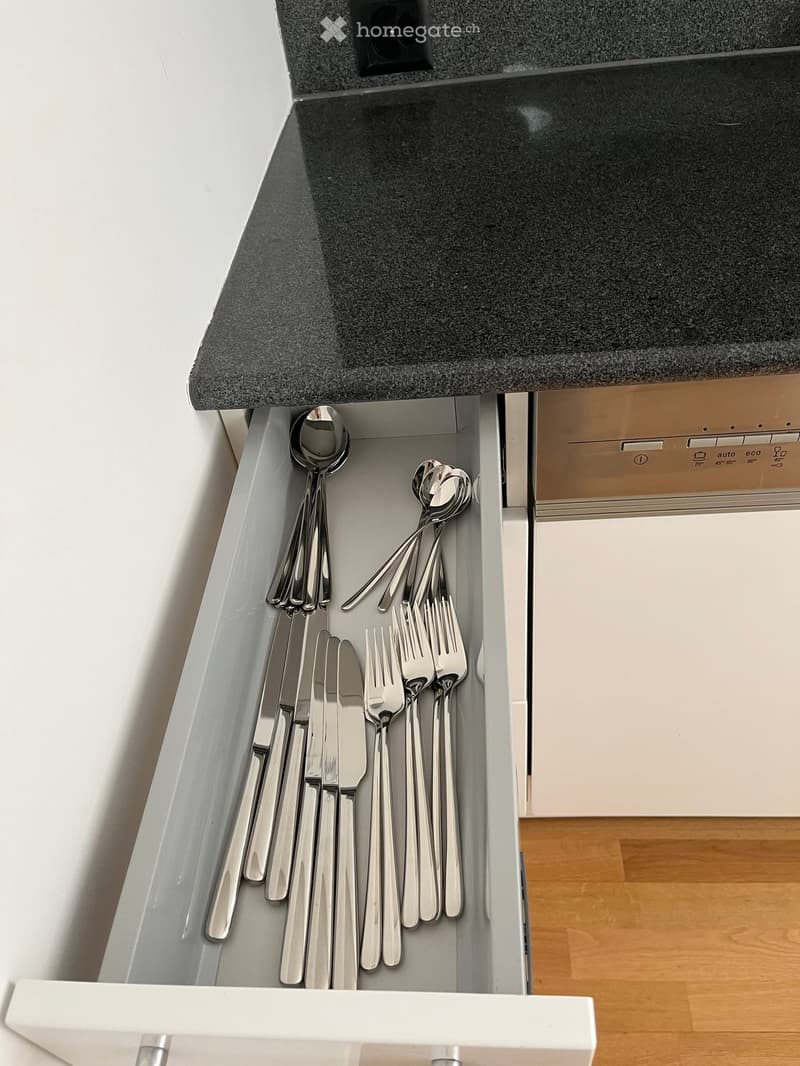 Open drawer in a modern kitchen with neatly arranged cutlery and a stainless steel dishwasher visible.