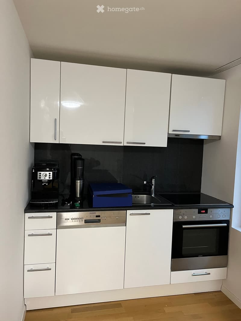 Modern kitchen with white cabinets, stainless steel appliances, and a black countertop.
