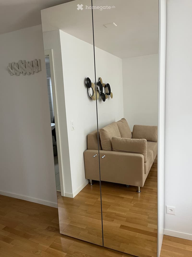 A modern living room with a light-colored sofa, wooden flooring, and a large mirror reflecting part of the space.