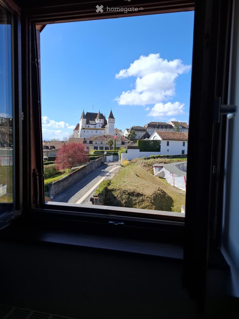 View from a window showing a historic castle, town buildings, and a clear blue sky.