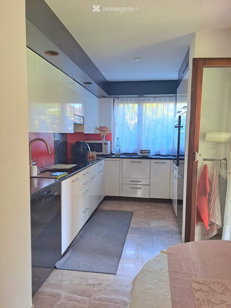 Modern kitchen with white cabinets, stainless steel appliances, and a red backsplash. Features a sink with a modern faucet, microwave, dishwasher, and a small flower vase on the counter.