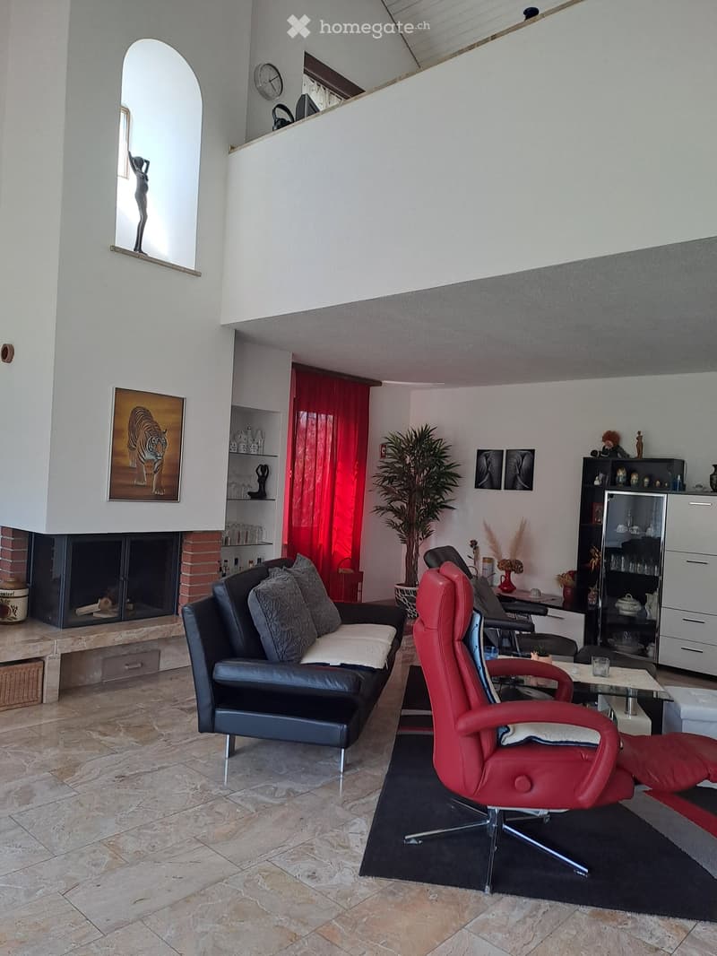 Living room with a black leather sofa, red leather chair, glass coffee table, fireplace, and decorative items including a plant and picture frames.