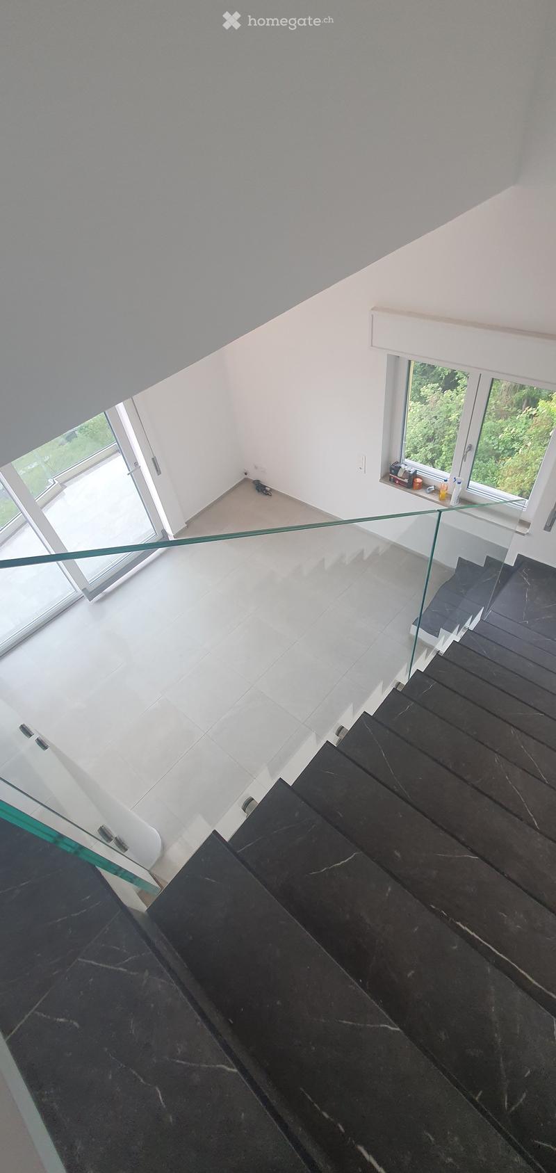 Corridor / Hallway. Modern, minimalist hallway with white walls, black marble staircase, glass railing, and large windows offering a view of greenery.