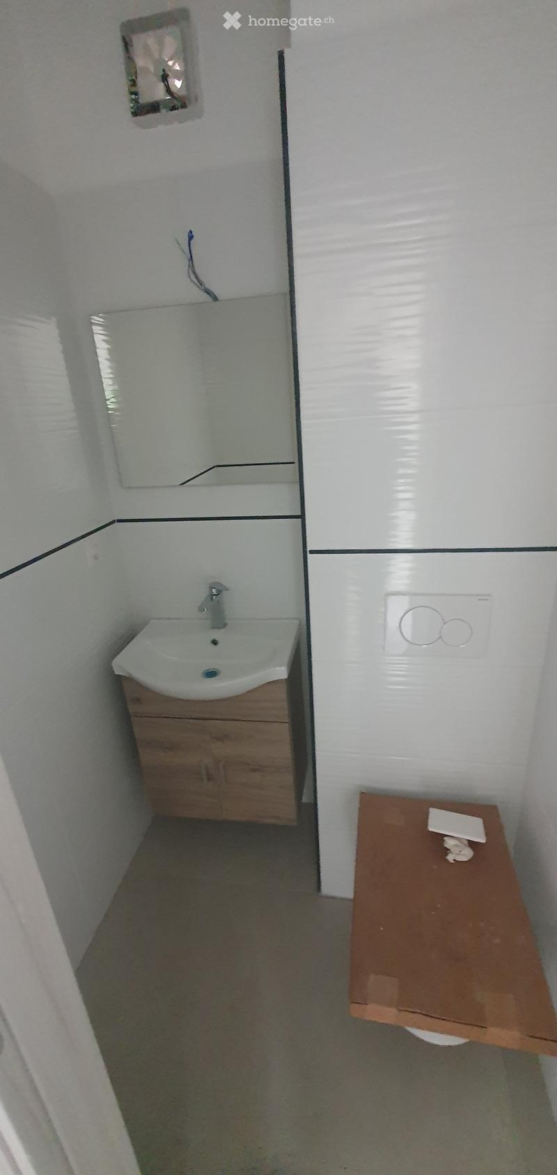 Bathroom. Modern bathroom with a white sink, wooden cabinet, and large mirror. The walls are white with a black accent line, and the floor is gray.